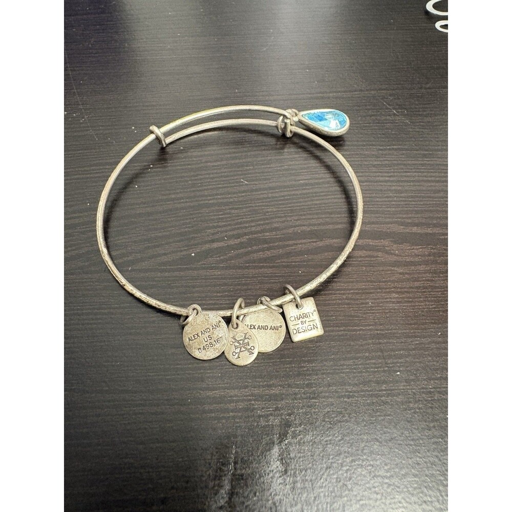 Beautiful Alex & Ani Sterling Silver Charm Bracelet 7 3/4” With Blue Gem